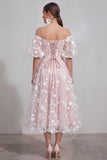 Off the Shoulder Floral Lilac Ruched A Line Wedding Guest Dress