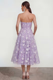 Strapless Floral Blue A Line Wedding Guest Dress