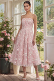 Strapless Floral Blue A Line Wedding Guest Dress