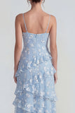 Blue Floral A Line Ruffled Maxi Wedding Guest Dress