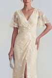 Floral Mermaid Ruched Short Sleeve Apricot Wedding Guest Dress