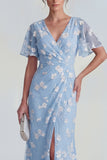 Floral Mermaid Ruched Short Sleeve Apricot Wedding Guest Dress