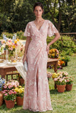 Floral Mermaid Ruched Short Sleeve Apricot Wedding Guest Dress