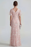 Floral Mermaid Ruched Short Sleeve Apricot Wedding Guest Dress