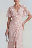 Floral Mermaid Ruched Short Sleeve Apricot Wedding Guest Dress
