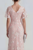 Floral Mermaid Ruched Short Sleeve Apricot Wedding Guest Dress