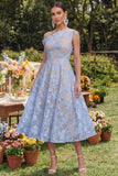 Floral Yellow Asymmetrical Neck A Line Wedding Guest Dress