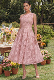 Floral Yellow Asymmetrical Neck A Line Wedding Guest Dress