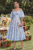Floral Pink Off the Shoulder A Line Midi Wedding Guest Dress