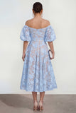 Floral Pink Off the Shoulder A Line Midi Wedding Guest Dress