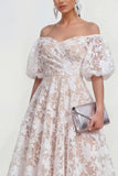 Floral Pink Off the Shoulder A Line Midi Wedding Guest Dress