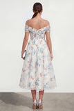 Off the Shoulder A Line White Floral Midi Wedding Guest Dress
