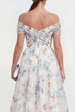 Off the Shoulder A Line White Floral Midi Wedding Guest Dress