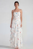 A Line Ruched White Floral Ruffled Maxi Wedding Guest Dress