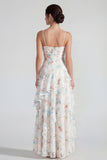 A Line Ruched White Floral Ruffled Maxi Wedding Guest Dress