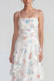 A Line Ruched White Floral Ruffled Maxi Wedding Guest Dress