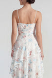 A Line Ruched White Floral Ruffled Maxi Wedding Guest Dress