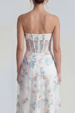 Strapless A Line White Floral Corset Wedding Guest Dress