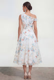 Asymmetrical Neck A Line White Floral Wedding Guest Dress
