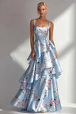 Tiered Blue Floral A Line Satin Wedding Guest Dress