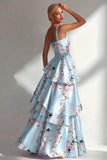 Tiered Blue Floral A Line Satin Wedding Guest Dress