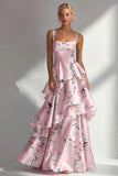 Tiered Blue Floral A Line Satin Wedding Guest Dress