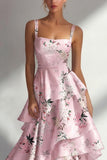 Tiered Blue Floral A Line Satin Wedding Guest Dress