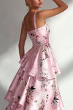 Tiered Blue Floral A Line Satin Wedding Guest Dress