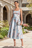 Pink Printed A Line Satin Midi Wedding Guest Dress