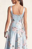 Pink Printed A Line Satin Midi Wedding Guest Dress