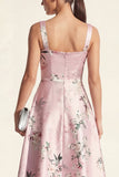 Pink Printed A Line Satin Midi Wedding Guest Dress