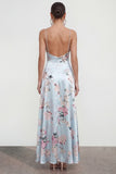 Floral Blue A Line Satin Ruffled Wedding Guest Dress