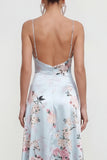 Floral Blue A Line Satin Ruffled Wedding Guest Dress