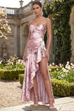 Floral Blue A Line Satin Ruffled Wedding Guest Dress