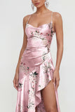 Floral Blue A Line Satin Ruffled Wedding Guest Dress