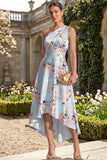 One Shoulder Ruched Pink Printed A Line Wedding Guest Dress