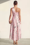 One Shoulder Ruched Pink Printed A Line Wedding Guest Dress