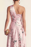 One Shoulder Ruched Pink Printed A Line Wedding Guest Dress