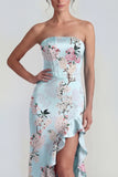 Strapless Floral Blue Mermaid Ruffled Wedding Guest Dress
