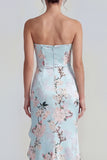 Strapless Floral Blue Mermaid Ruffled Wedding Guest Dress