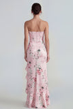 Strapless Floral Blue Mermaid Ruffled Wedding Guest Dress