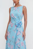 Ruffled A Line Blue Floral Wedding Guest Dress with 3D Flowers
