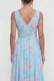 Blue Floral A Line V Neck Sleeveless Wedding Guest Dress