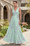 Blue Floral A Line V Neck Sleeveless Wedding Guest Dress