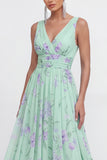 Blue Floral A Line V Neck Sleeveless Wedding Guest Dress