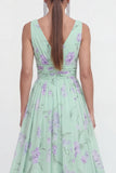 Blue Floral A Line V Neck Sleeveless Wedding Guest Dress