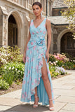 Ruched V Neck A Line Green Wedding Guest Dress with Slit