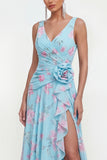 Ruched V Neck A Line Green Wedding Guest Dress with Slit