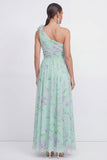 One Shoulder 3D Flower A Line Blue Floral Wedding Guest Dress