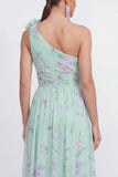 One Shoulder 3D Flower A Line Blue Floral Wedding Guest Dress